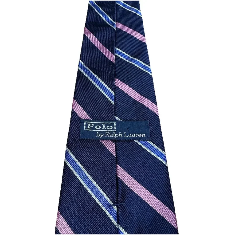Polo Ralph Lauren Men 100% Silk Neck Tie Pink Blue Stripe Handmade in Italy Luxe